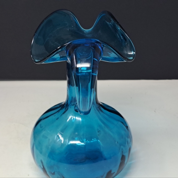 Blue Art Glass Pitcher With Ruffled Edge And Applied Handle - Picture 6 of 6